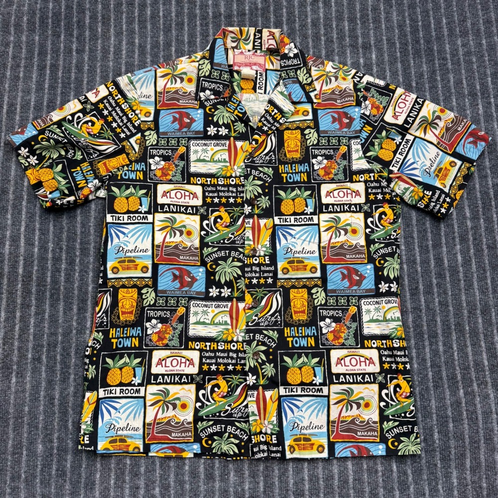 RJC Hawaiian Shirt Medium Black Multicolor Excellent Tiki Postcard Print (2170)